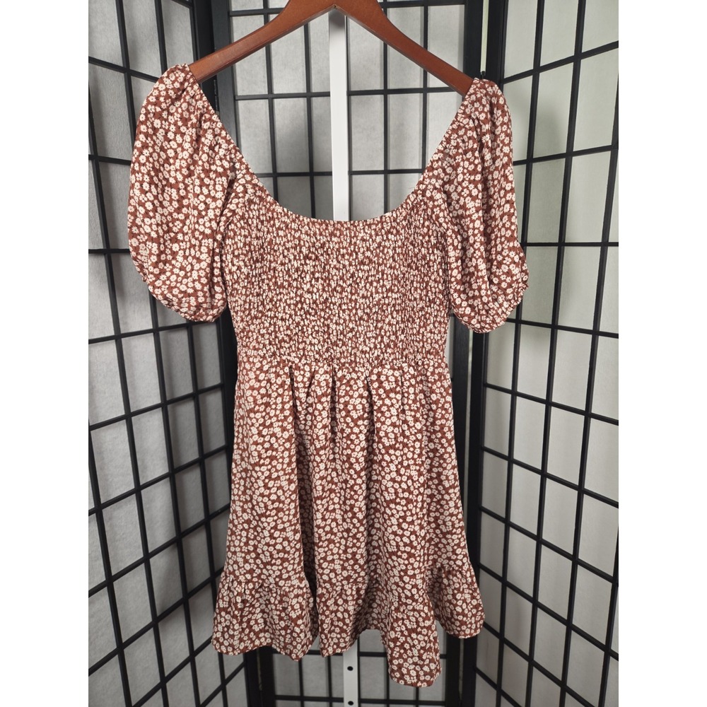 Lane 201 Y2K 990s Rust Floral Smocked Mini Dress Lace Up Back Brown Small